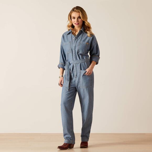 Ariat Blue Jean Long Sleeve Coveralls Button Down Jumpsuit Herringbone Medium - Picture 1 of 12